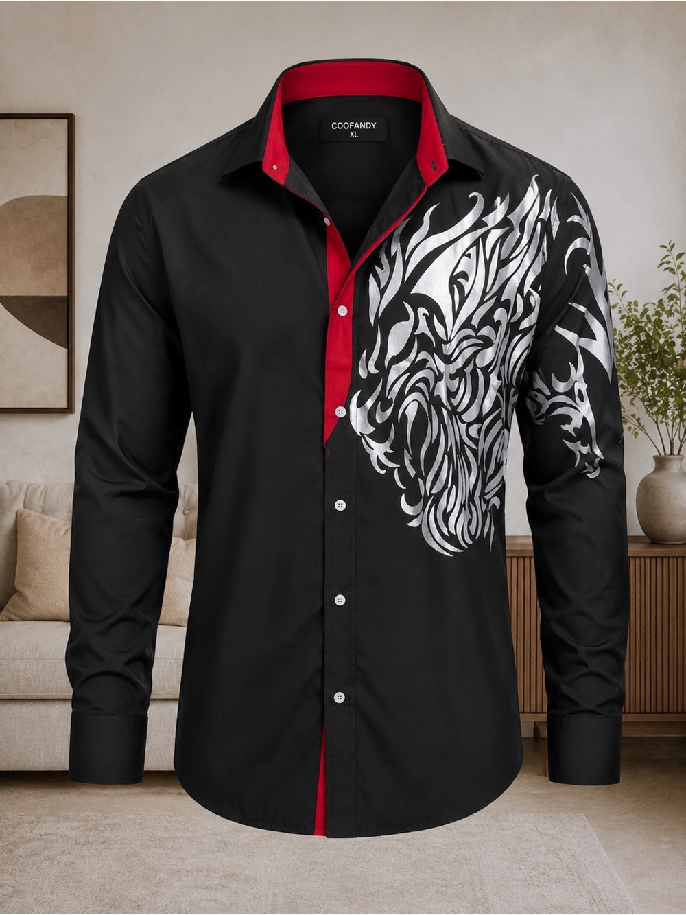 COOFANDY Black Dress Shirt with Red Trim and Silver Graphic